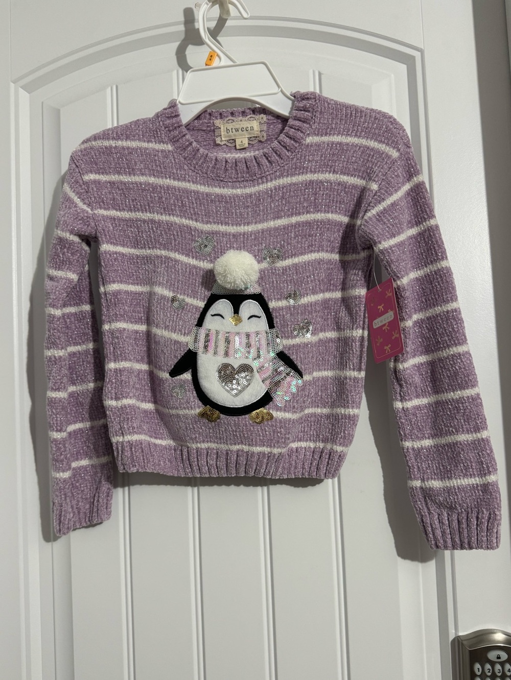 Cute Btween girls size 4 purple white stripe sweater embroidered penguin sequins